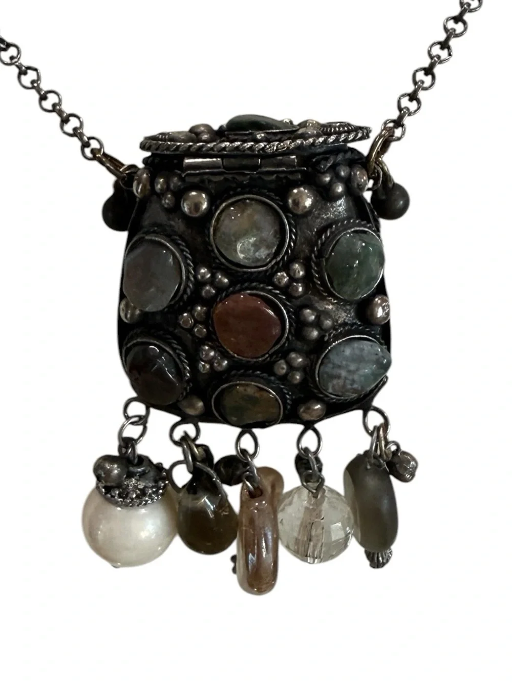 Bohemian Silver Tone Multistone Coin/Prayer Box/Amulet Pendant Necklace 36”